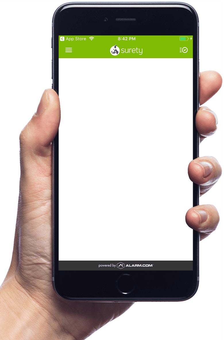 Photo of hand holding iPhone displaying Surety mobile app on screen.